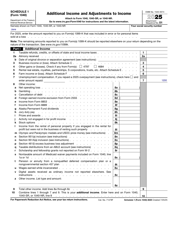 1040 Schedule 1 sample form