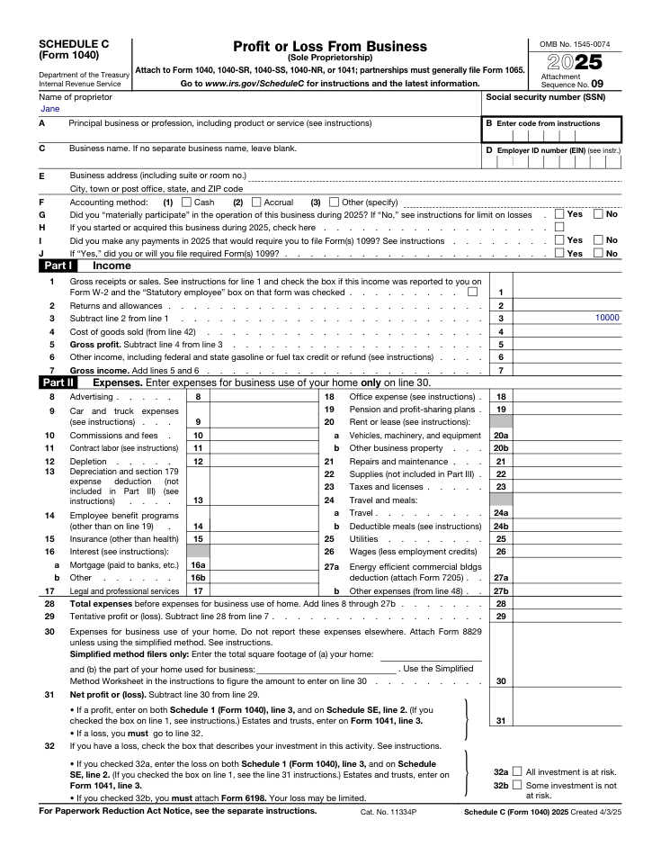 1040 Schedule C sample form