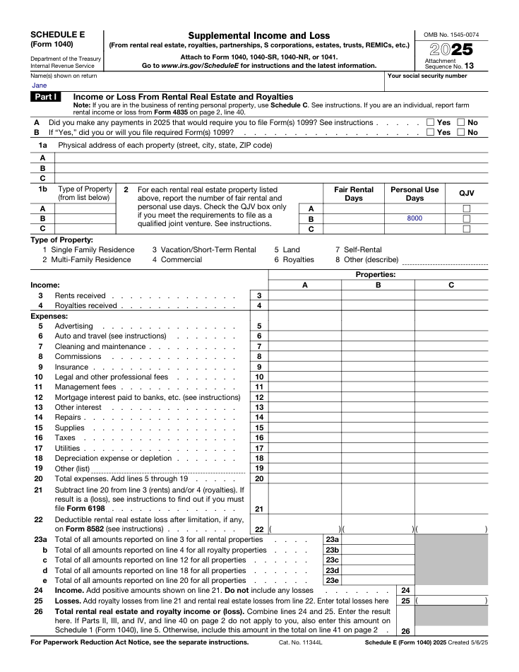 1040 Schedule E sample form