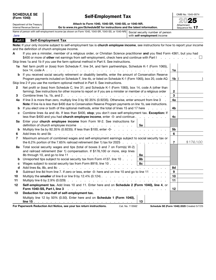 1040 Schedule SE sample form