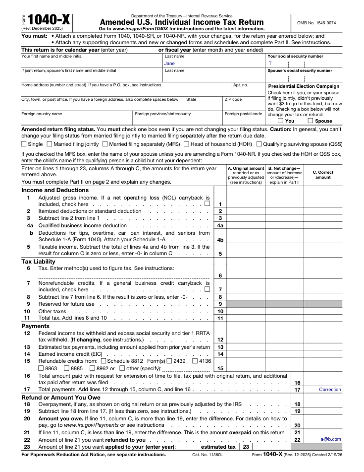 1040-X sample form