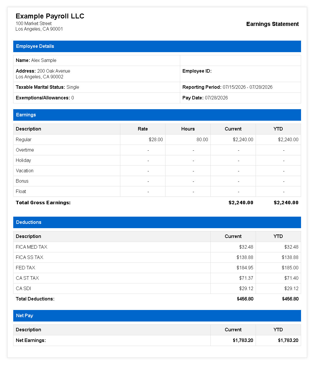 Bold Header pay stub template preview