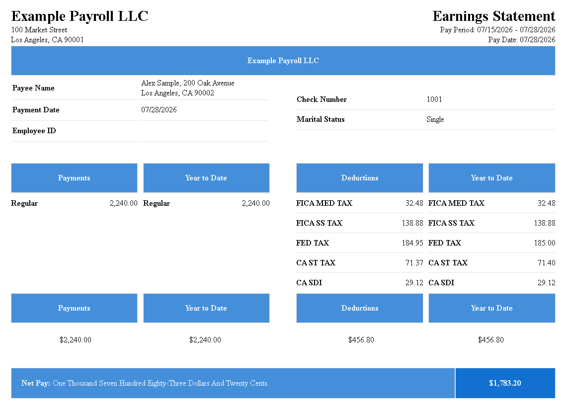 Detailed Breakdown pay stub template preview