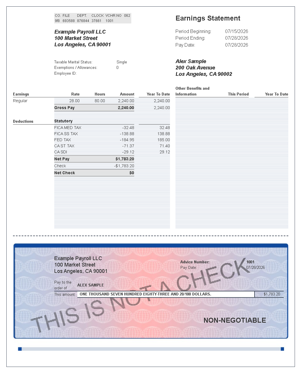 Statement Style pay stub template preview