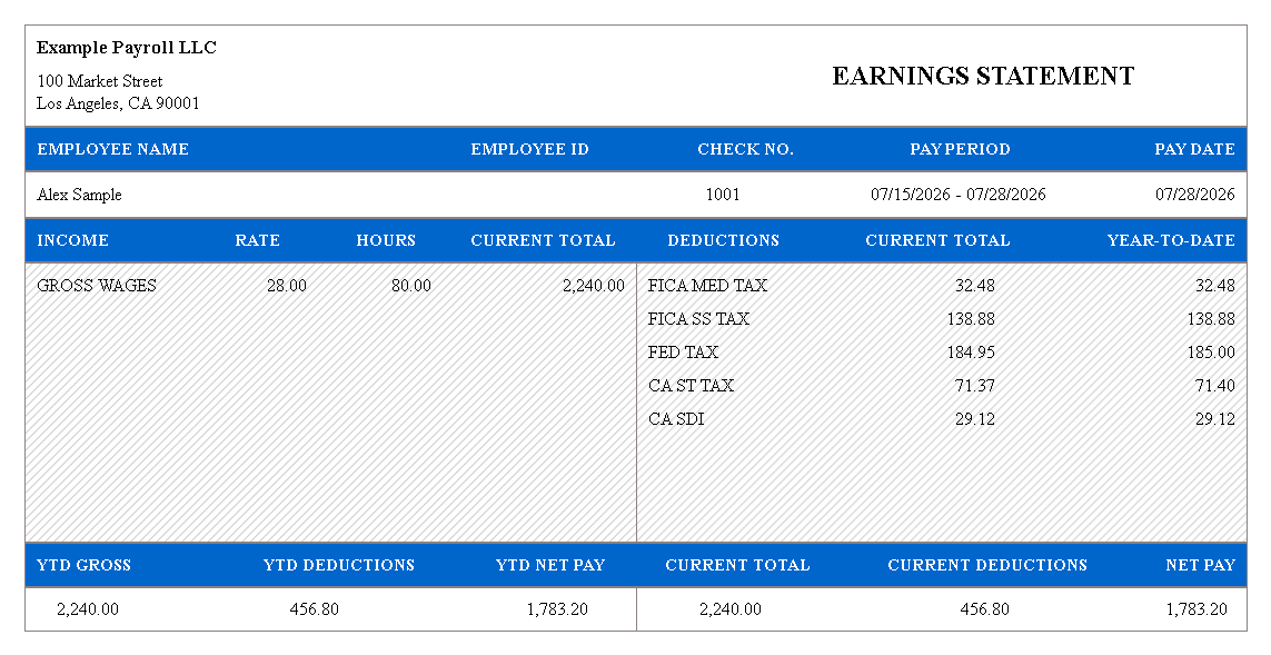 Short B&W pay stub template preview