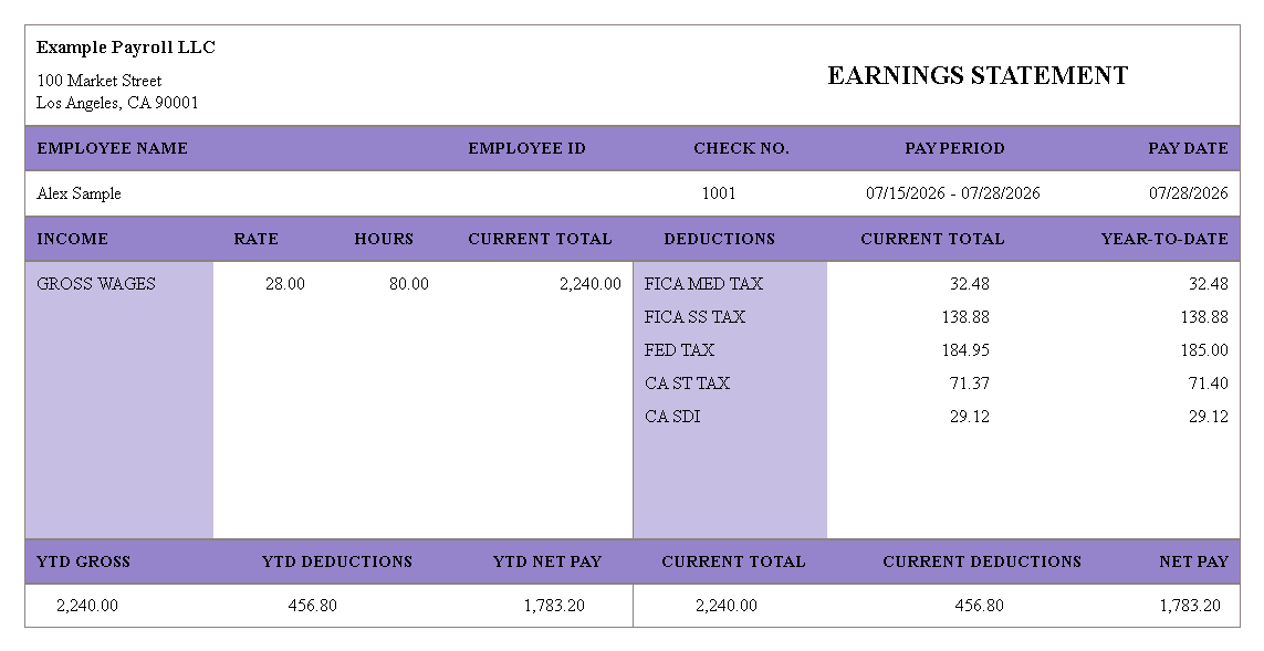 Lavender Classic pay stub template preview