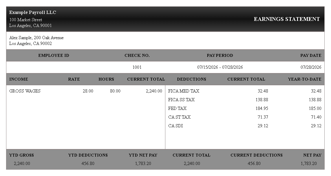 ADP-style B&W pay stub template preview