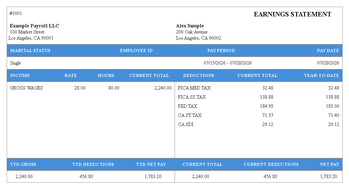 Long Blue pay stub template