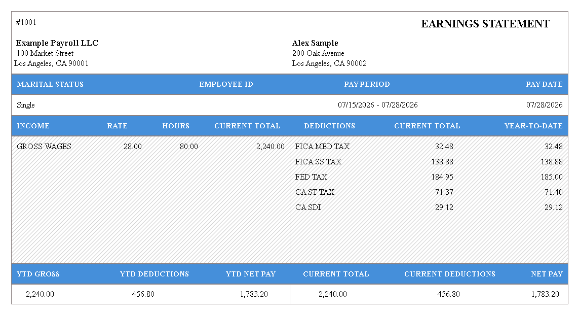 Long B&W pay stub template preview