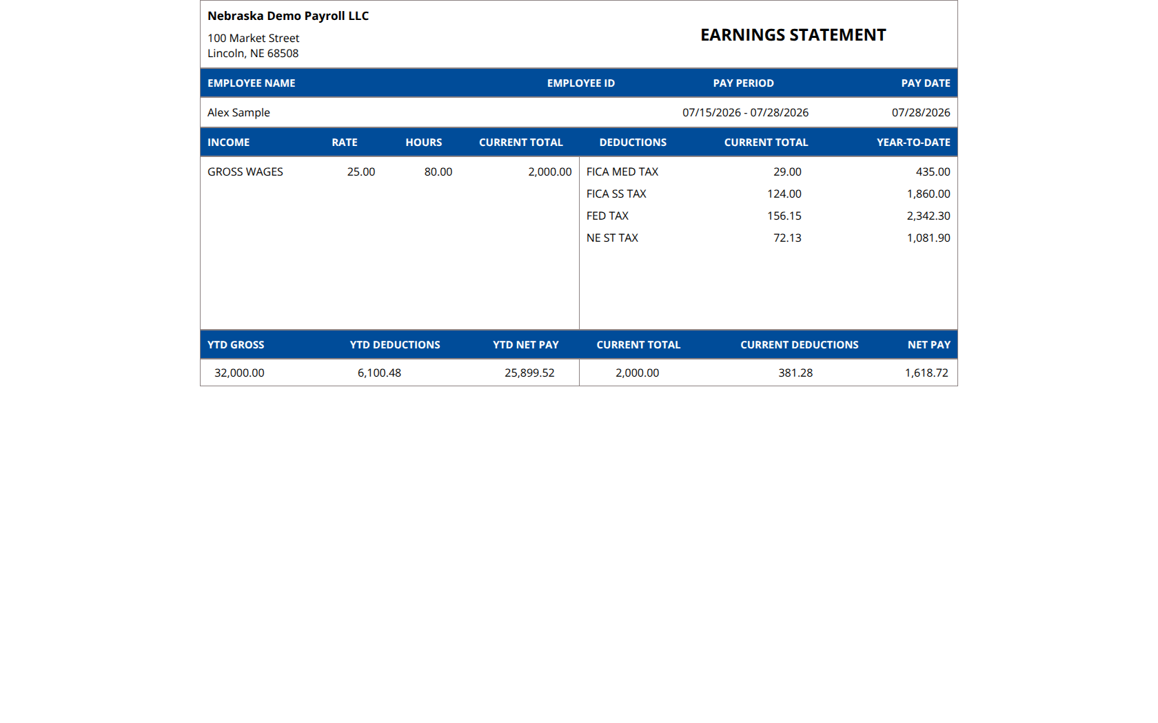Sample Nebraska pay stub
