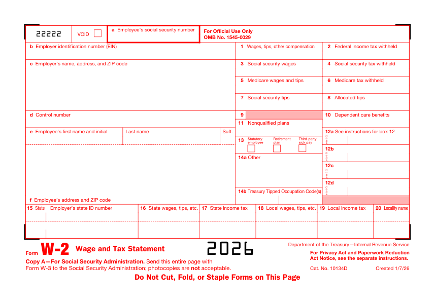 Sample Form W-2 preview